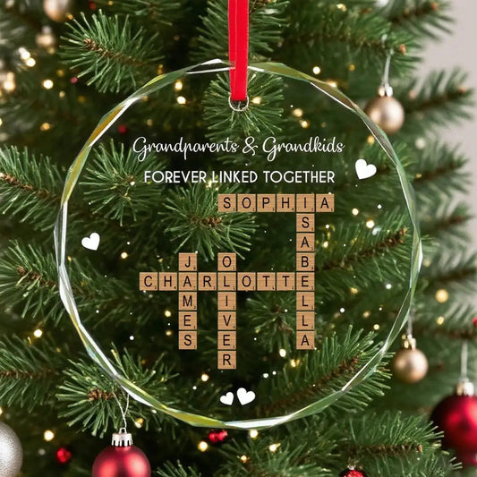 Personalized Crystal Ornament - “Forever Linked Together” Family Name Puzzle, Heartfelt Gift for Grandparents