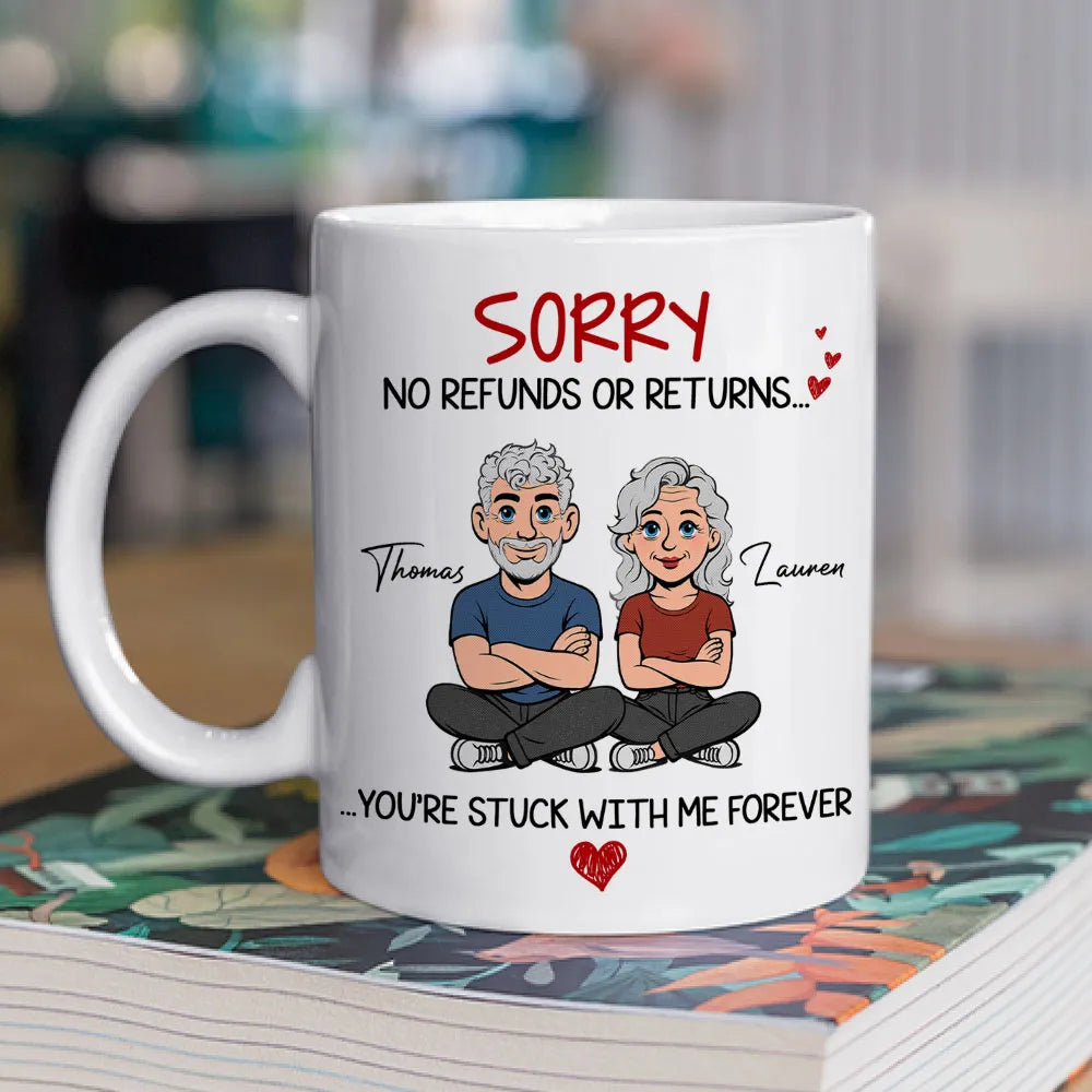 Personalized Funny Couple White Ceramic Mug 'You're Stuck With Me Forever' Cute Cartoon Gift for Husband or Wife