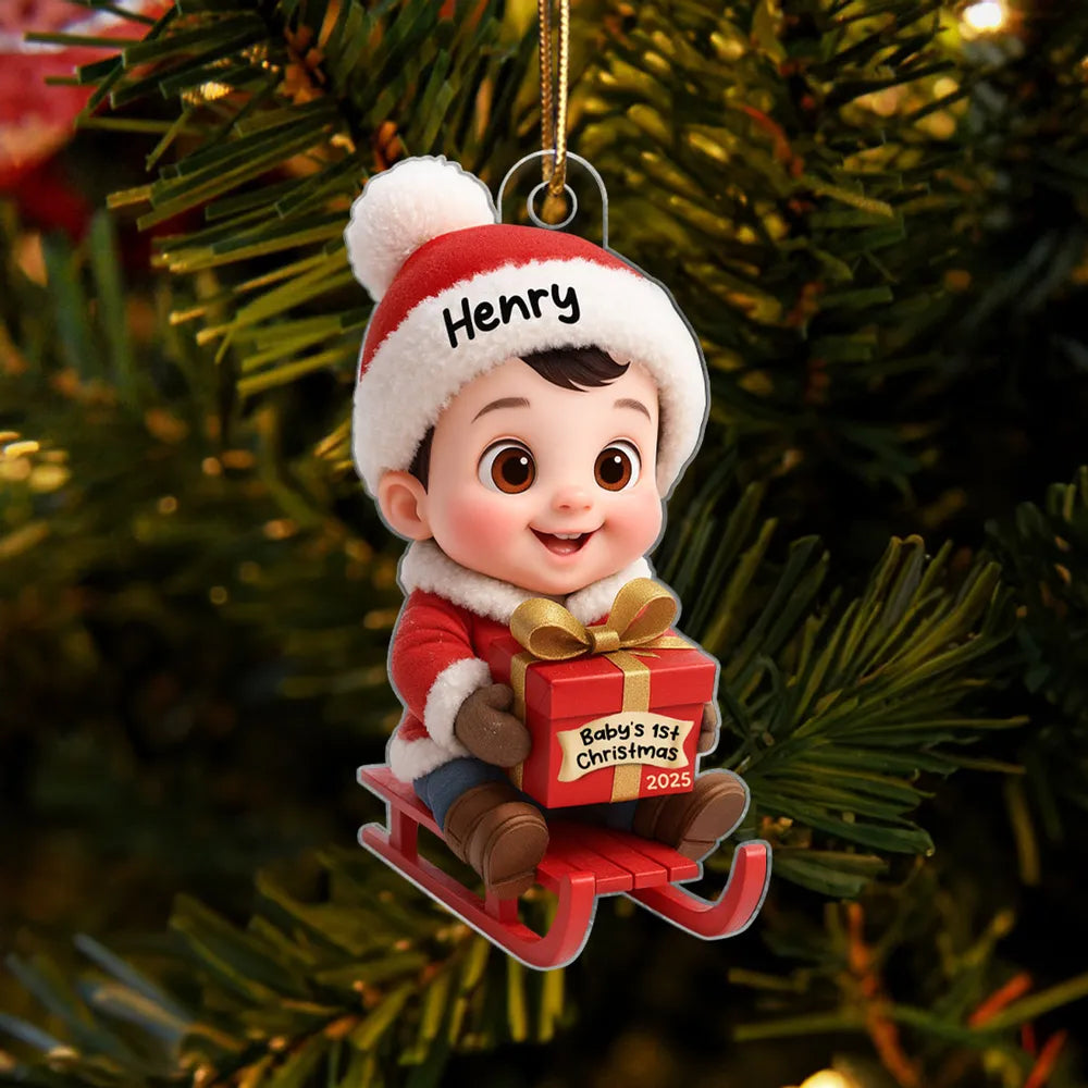 Acrylic Ornament with Baby in Santa Outfit on Sleigh, High Clarity, Heartwarming Christmas Gift