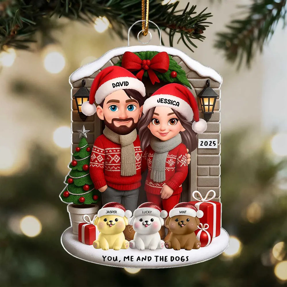 Acrylic Ornament featuring “You, Me and the Dogs” theme, festive sweaters, gifts and tree—perfect holiday gift for Couples and Dog Lovers