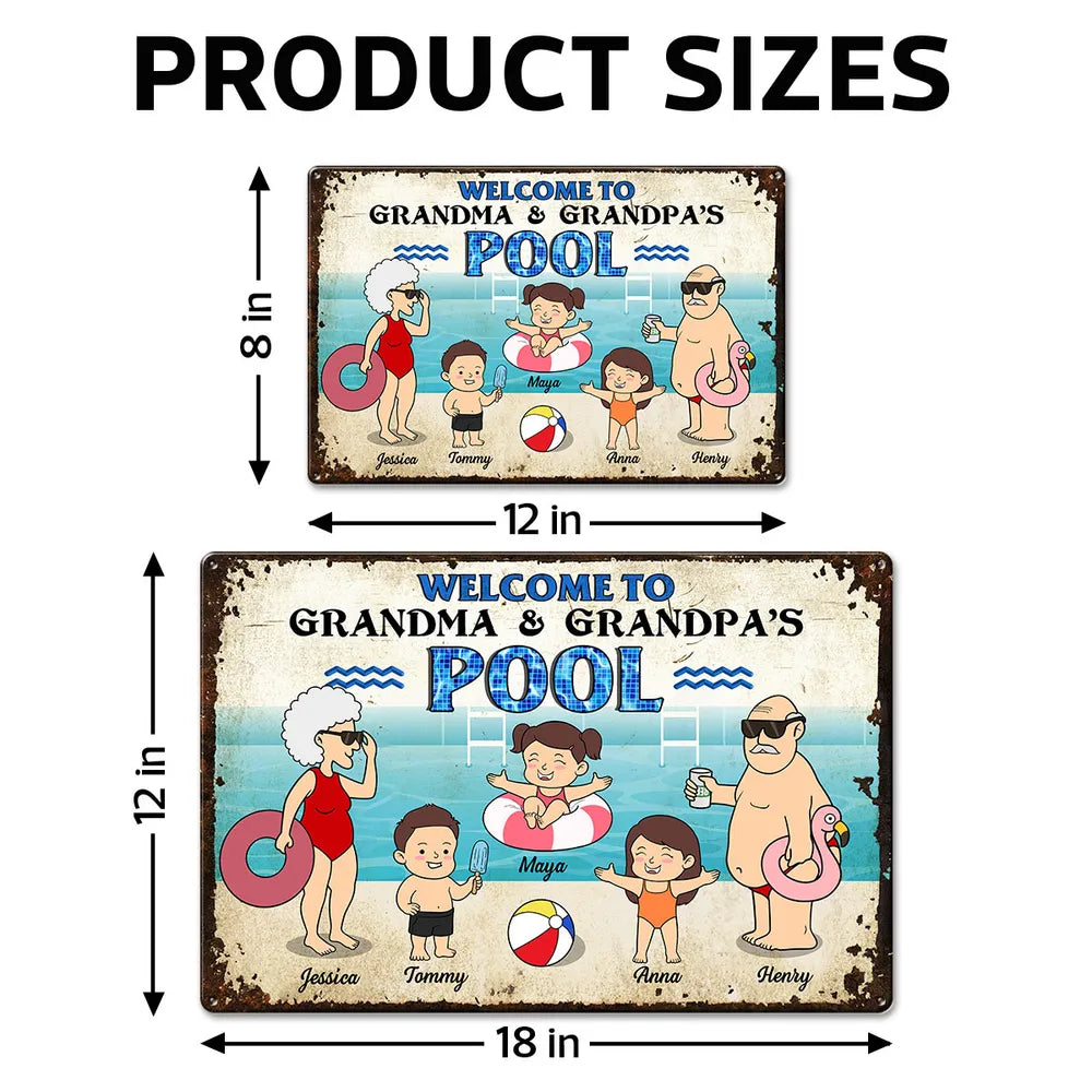 Funny Cartoon Welcome To Grandma Grandpa Pool Personalized Metal Sign