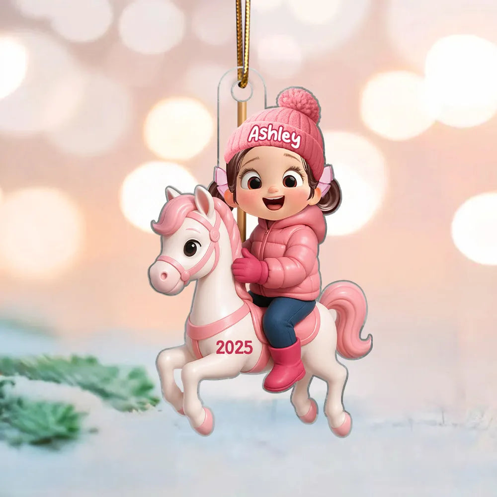 Girl Riding Horse Acrylic Ornament – Personalized Christmas Gift for Kids, Heartwarming Family House Keepsake
