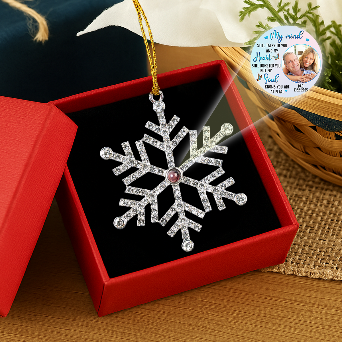 Personalized Photo Projection Ornament for Mom Remembrance – Snowflake Keepsake, Comforting Holiday Gift with Heartfelt Message