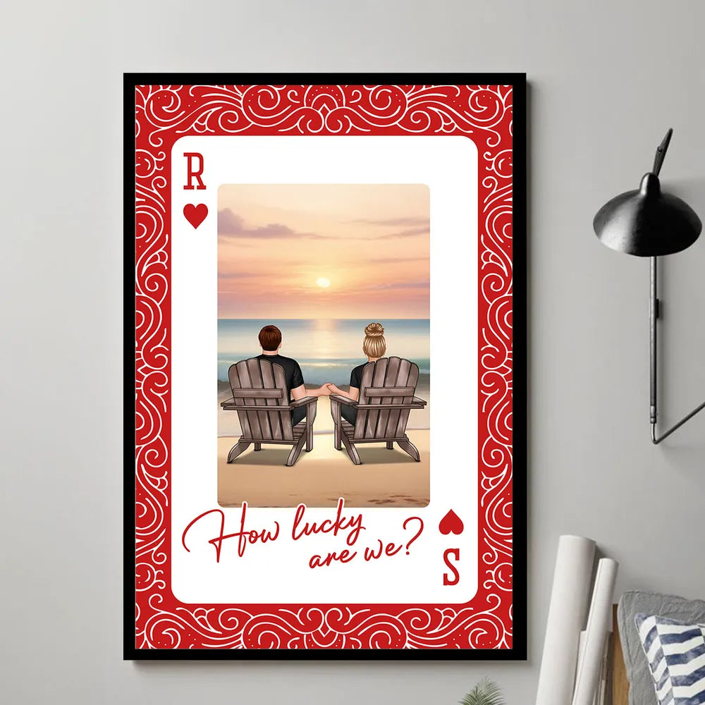 How Lucky Are We Poster, Personalized Couple Beach Sunset Wall Art, Romantic Gift For Couples And New Home Decor