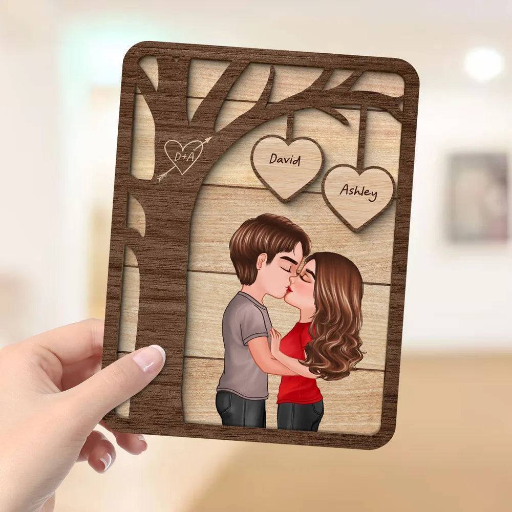 Love Beneath the Boughs - Personalized Kissing Couple Under Tree Wooden Plaque - 2-Layer Romantic Gift for Valentine's & Anniversaries