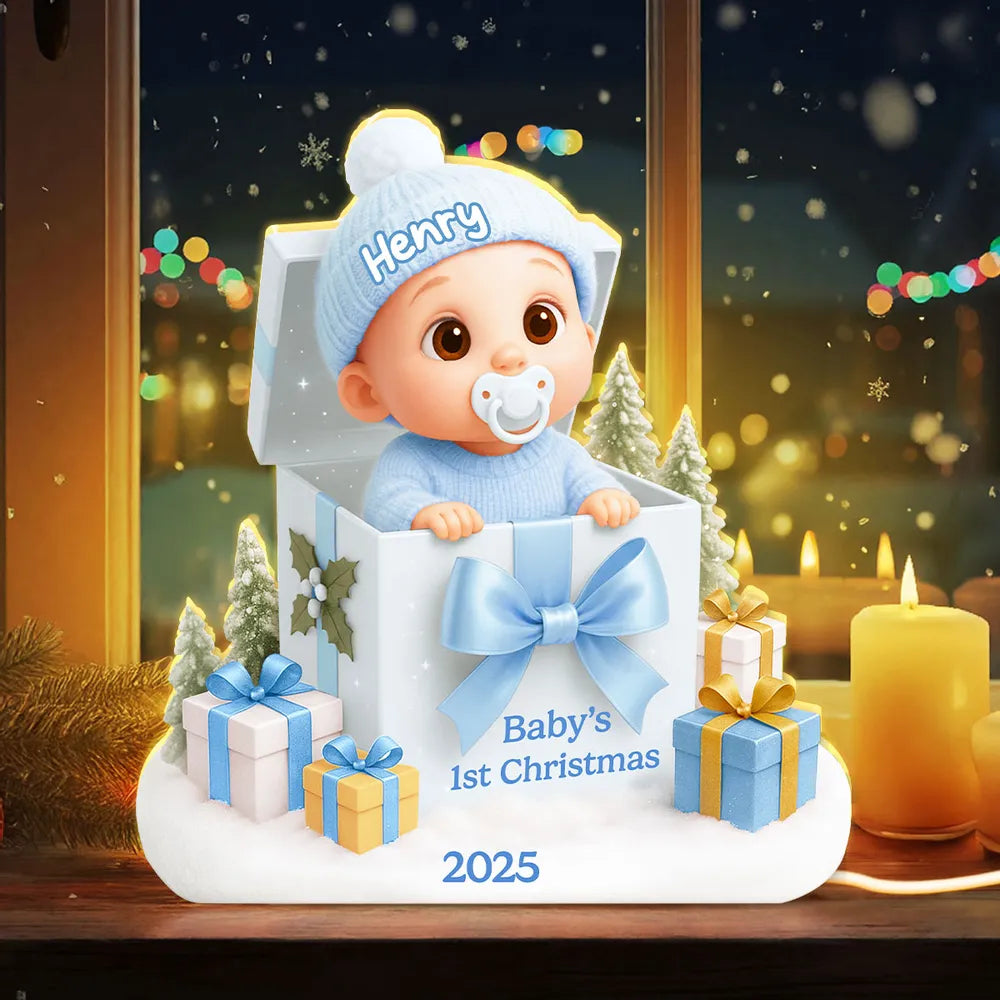Personalized Acrylic Light Box for Baby's First Christmas – Cute Gift Box Scene, Warm Glow Nursery Lamp, Unique Keepsake Gift for New Parents