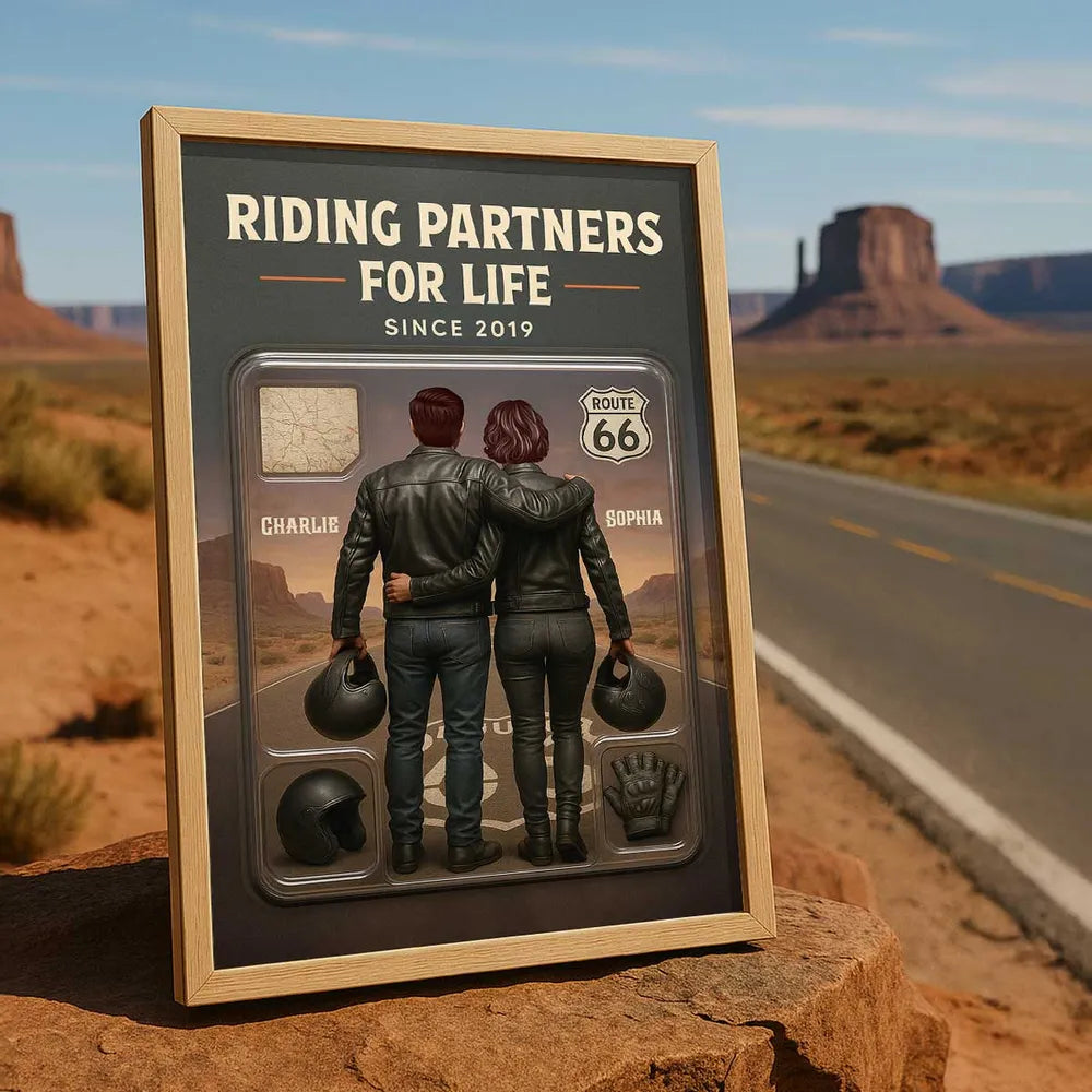 Personalized Biker Couple Poster Riding Partners For Life Route 66 Sunset Wall Art - Unique Gift For Couples