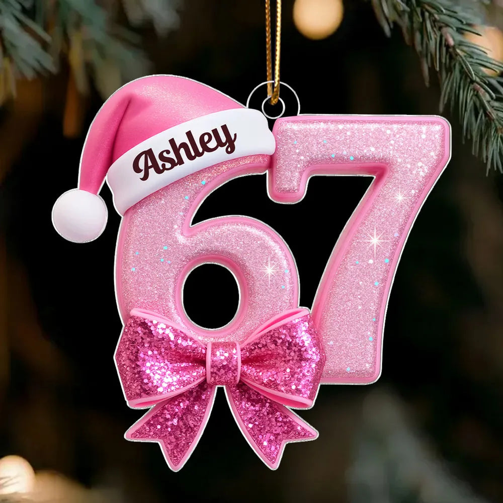 Custom Acrylic Ornament in Pink Glitter Number Style, Festive Santa Hat & Big Bow, Sweet Holiday Keepsake Gift for Grandkids