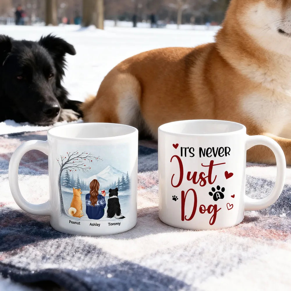 Personalized White Ceramic Mug for Dog Moms with Angel Pup Illustration, Winter Scene, Meaningful Pet Memorial Gift