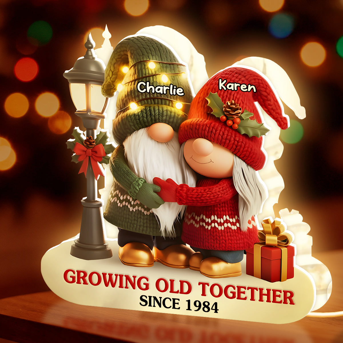 Custom Acrylic Light Box with Hugging Holiday Gnomes, Warm Glow Bedroom Lamp and Keepsake Gift for Partner
