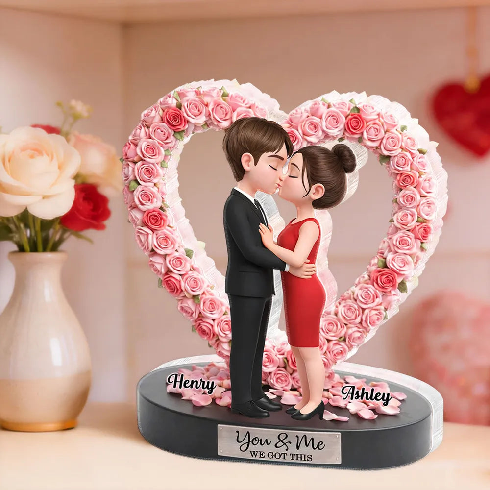 Personalized Shaped Acrylic Block Plaque, Kissing Couple in Rose Heart, Romantic Keepsake Decor, Unique Gift for Wife or Girlfriend