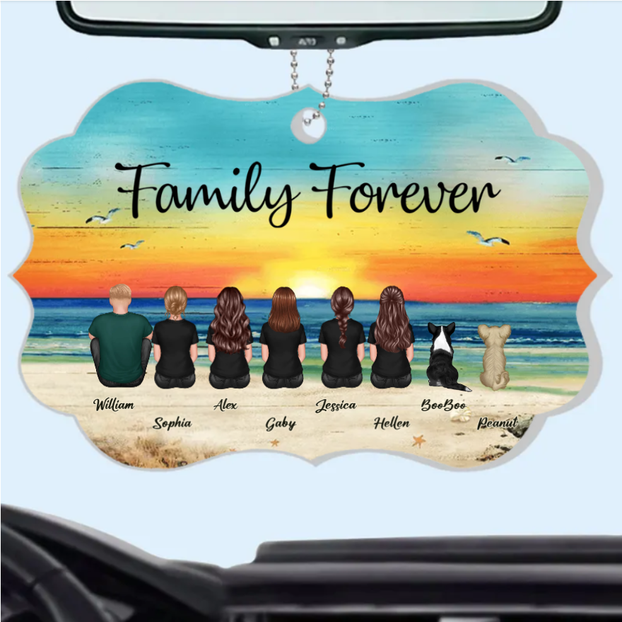 "Beach Landscape Family Sitting Back View Acrylic Or Wooden Car Hanger, Perfect Gift for Father's Day, for Dad or Grandpa"