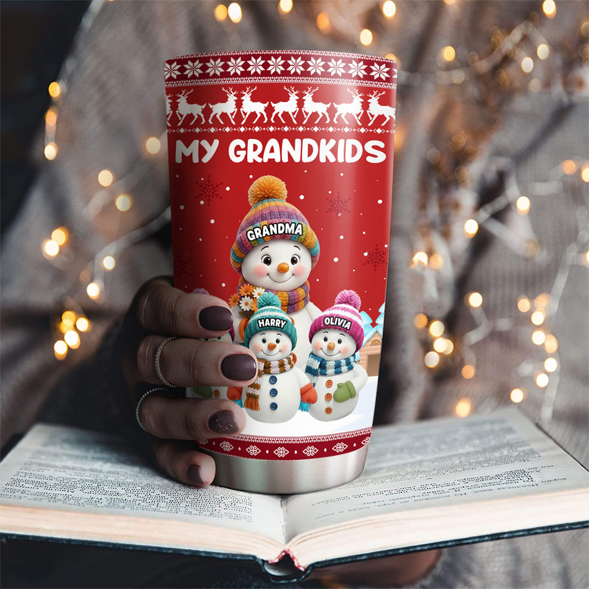 Insulated Travel Tumbler - My Grandkids Snowman Family, Leak-Proof, Keeps Drinks Hot & Cold, a unique gift for Grandma