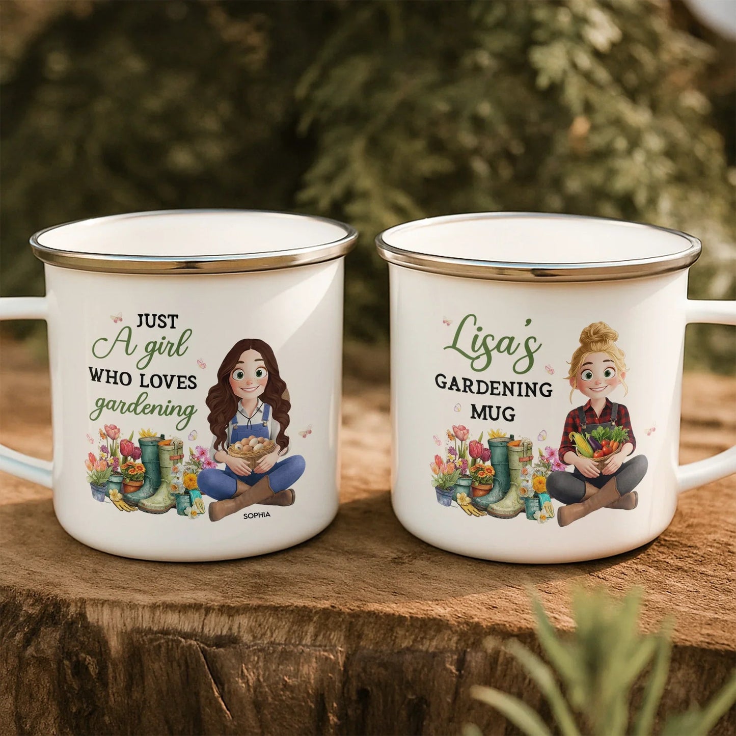 Personalized Gardening Enamel Mug With Cute Cartoon Gardener, Cozy Garden Coffee Cup, Unique Gift for Mom or Grandma