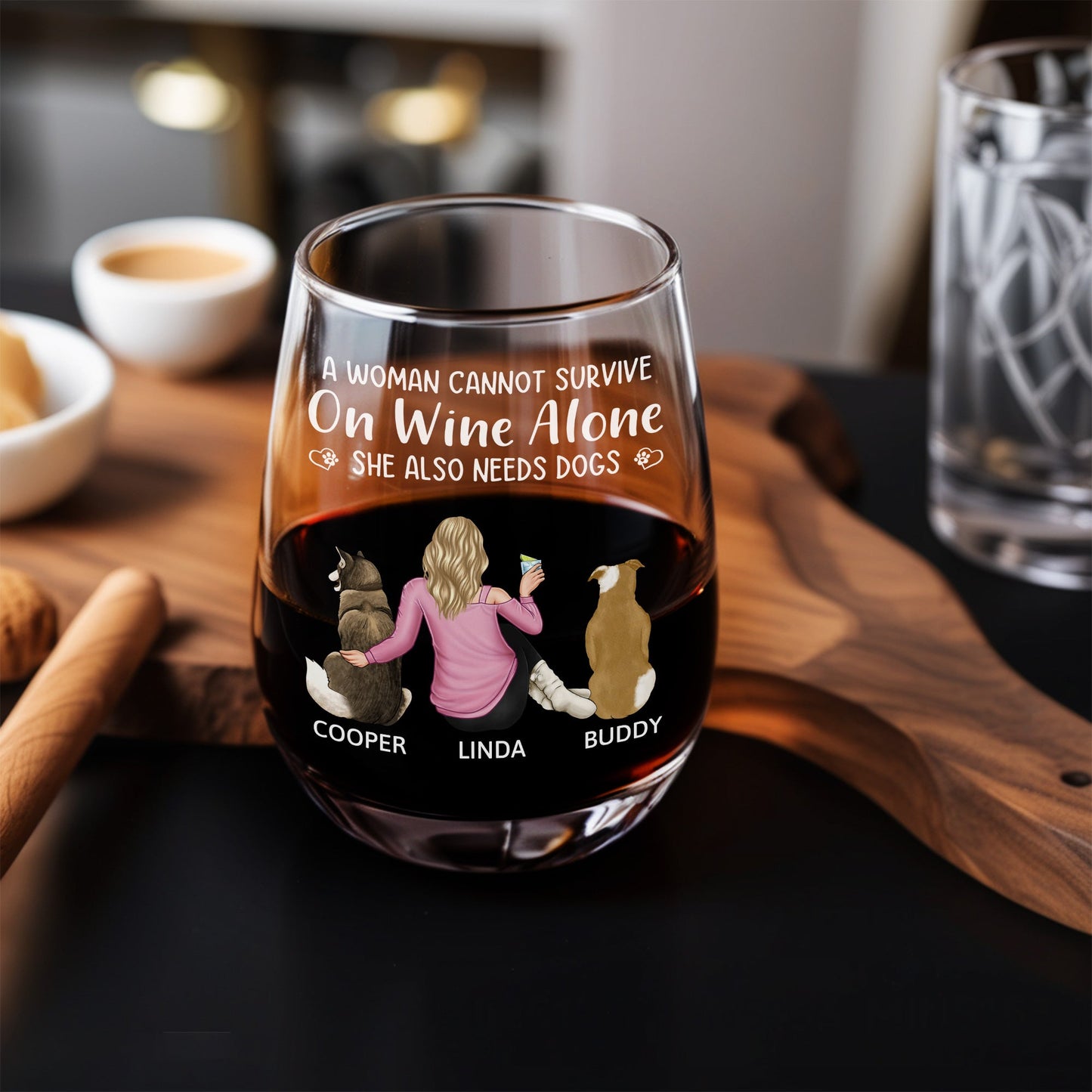 “Wine and Dogs Are Essential” Personalized Stemless Wine Glass - Valentine’s Day Gift - Perfect for Dog Moms/Dads - Beach Scene Design