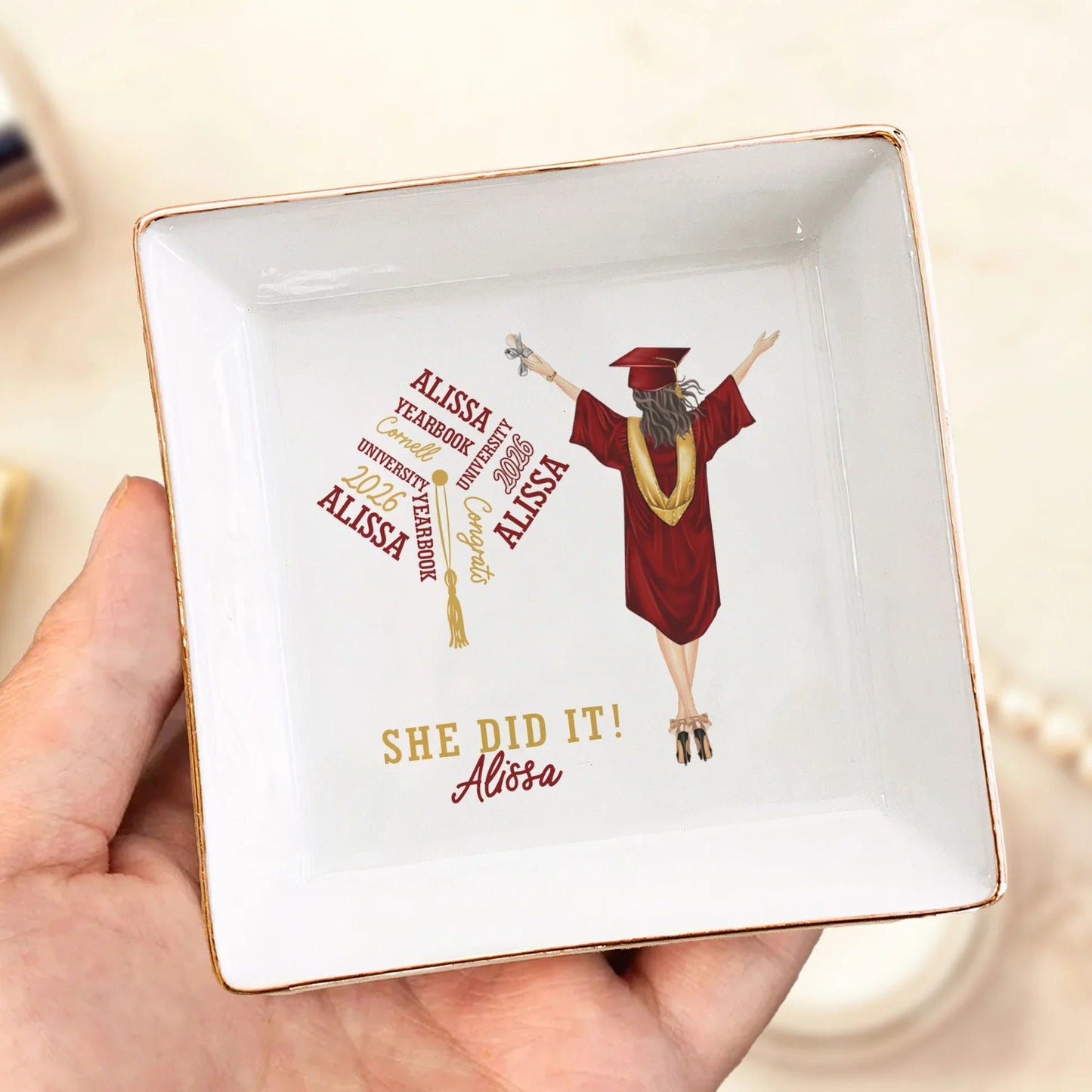She Did It Jewelry Dish, Personalized Keepsake Tray for a Graduate, Everyday Ring Holder and Vanity Decor Gift