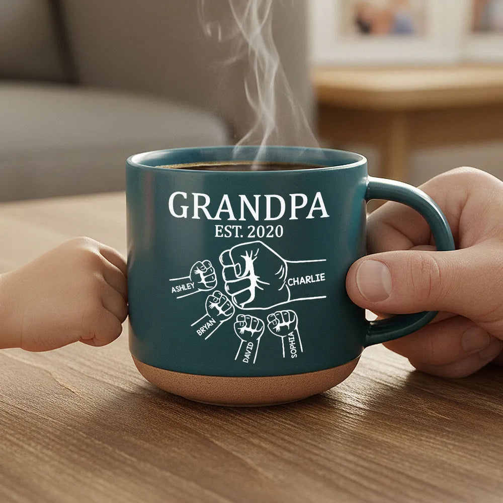 Personalized Pottery Mug with Grandpa Fist Bump Design, Cozy Coffee Moment, Unique Gift for Grandpa