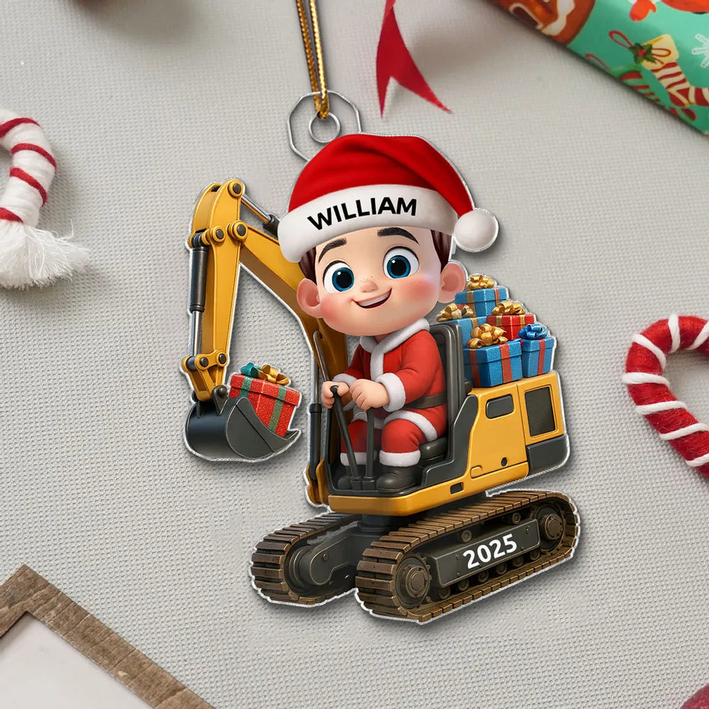 Christmas Acrylic Ornament with Cute Excavator and Santa Kid – Festive Decoration & Perfect Gift for Children