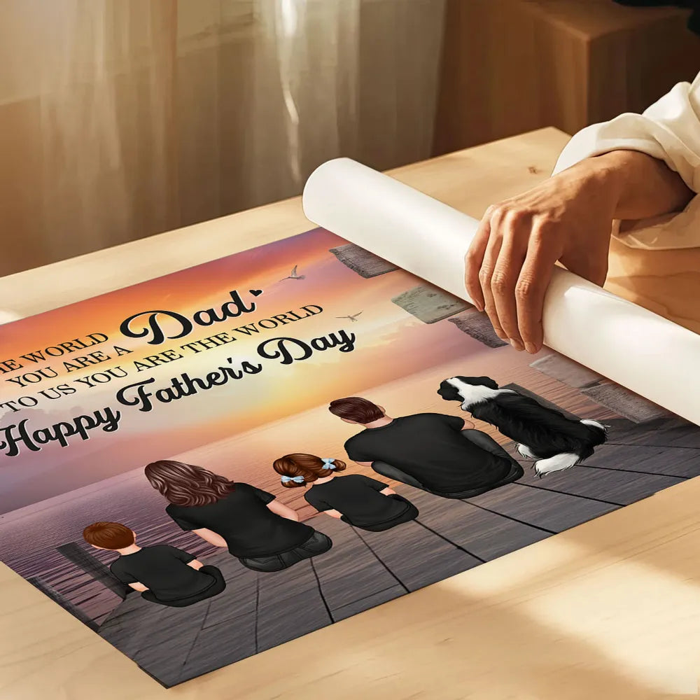 Custom Back‑View Family Canvas – Dad Is Our World Quote, Signpost with Names, Heartfelt Gift for Husband or Son