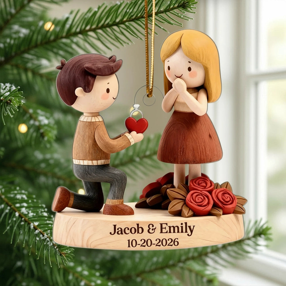 Romantic Personalized Acrylic Ornament with Kneeling Couple and Heart Charm Cozy Holiday Keepsake Unique Gift for Couples