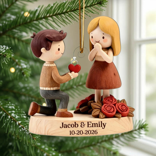 Romantic Personalized Acrylic Ornament with Kneeling Couple and Heart Charm Cozy Holiday Keepsake Unique Gift for Couples