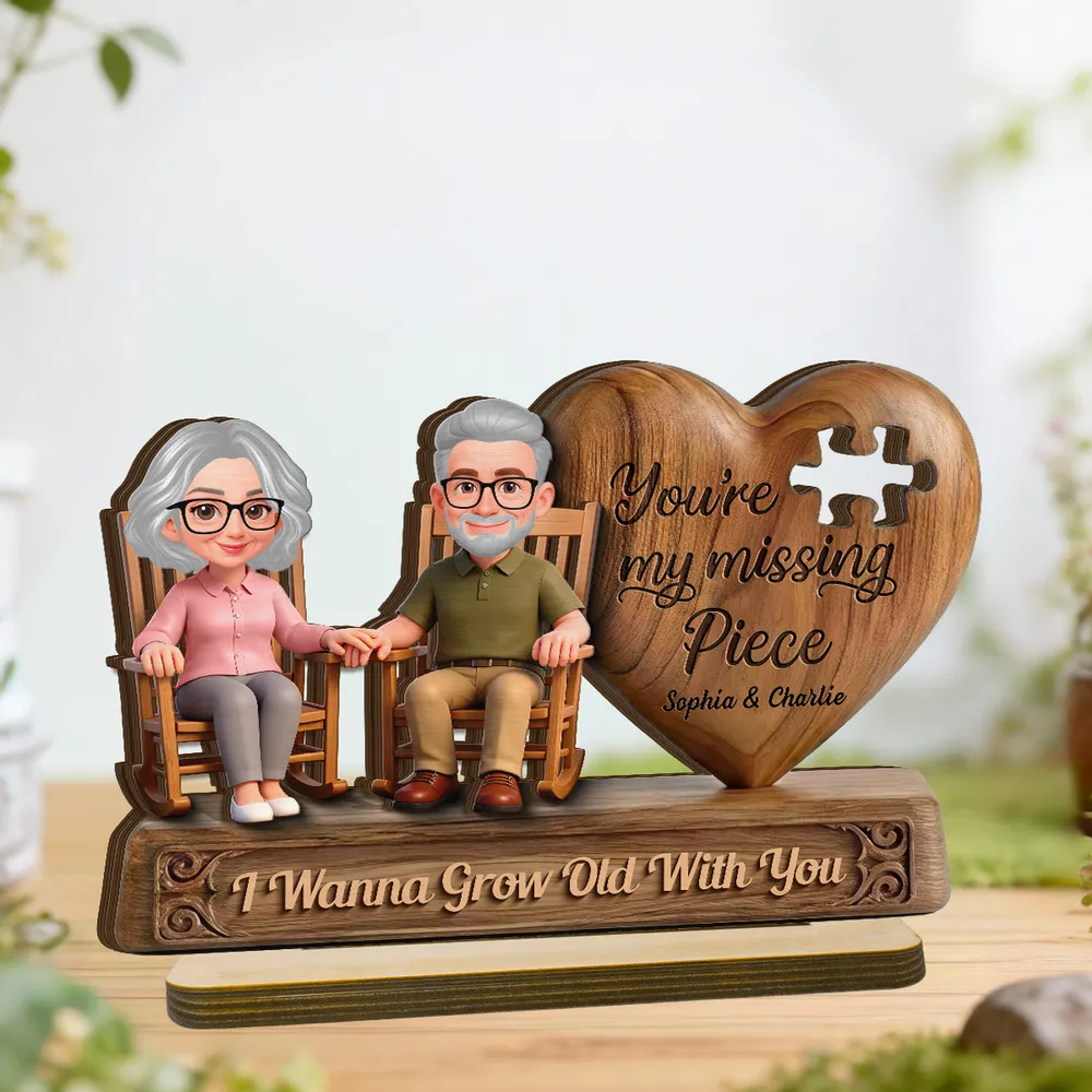 Personalized 2-Layer Wooden Plaque with Elderly Couple Holding Hands, You're My Missing Piece, Unique Gift for Couples