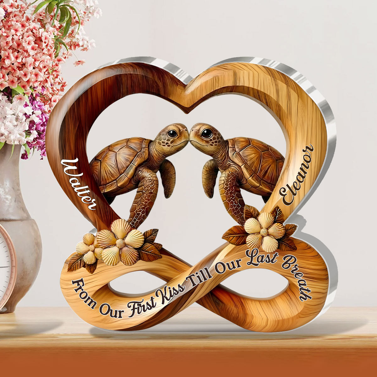 Personalized Shaped Acrylic Block Plaque Turtle Kiss in Heart Infinity Design - Unique Romantic Gift for Couples