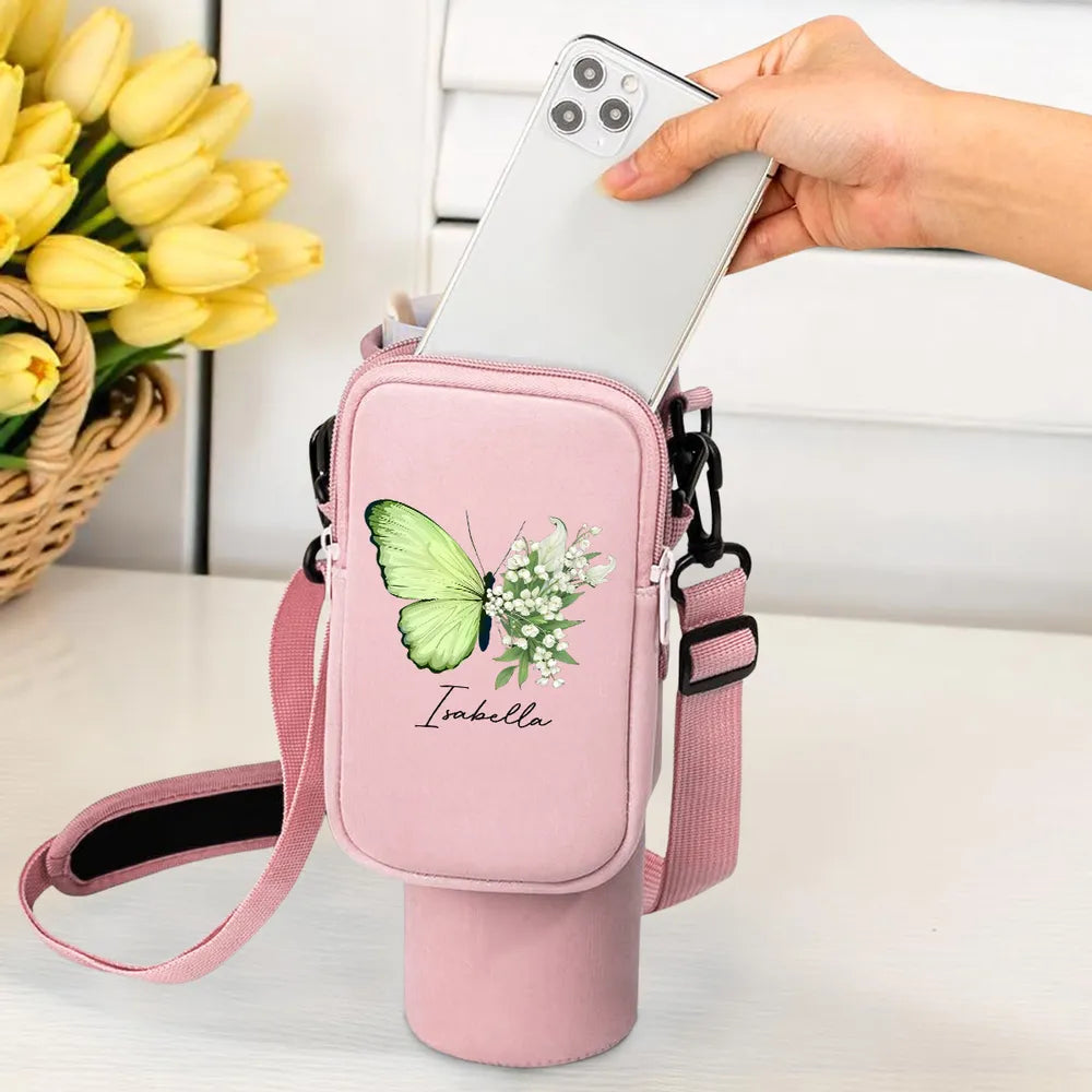 Personalized Water Bottle Carrier Bag with Butterfly & Floral Design – Custom Name, A Great Gift for Mom or Family
