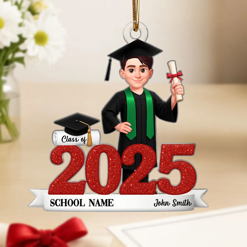 Graduation Acrylic Ornament, red glitter design with cap & diploma, celebrate achievement, perfect graduation gift keepsake