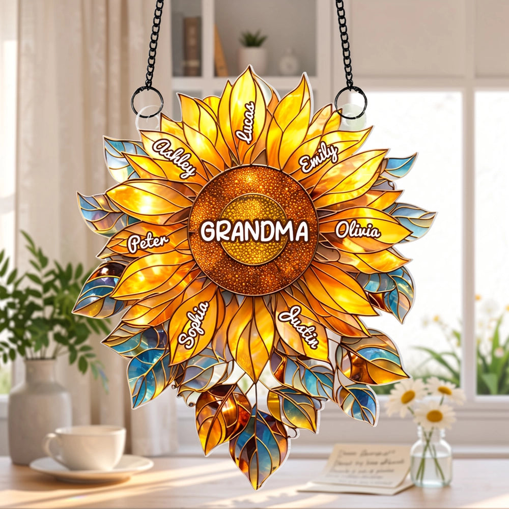 Custom Sunflower "Grandma's Love Bugs" Suncatcher - Personalized Window Art with Names for Grandma, Nana & Gigi - Unique Mother's Day or Birthday Gift