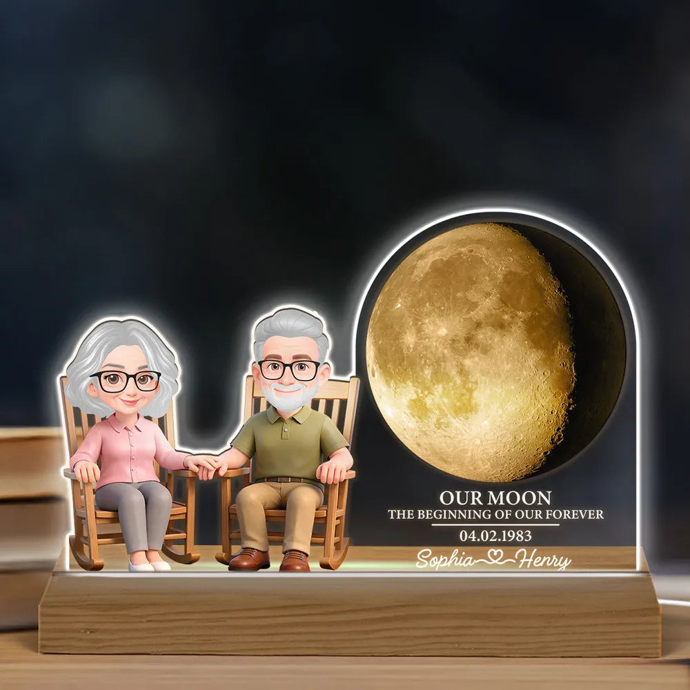 Custom Shaped Acrylic Block LED Plaque, Cozy Rocking Chair Couple Under a Glowing Moon - Romantic Keepsake Gift