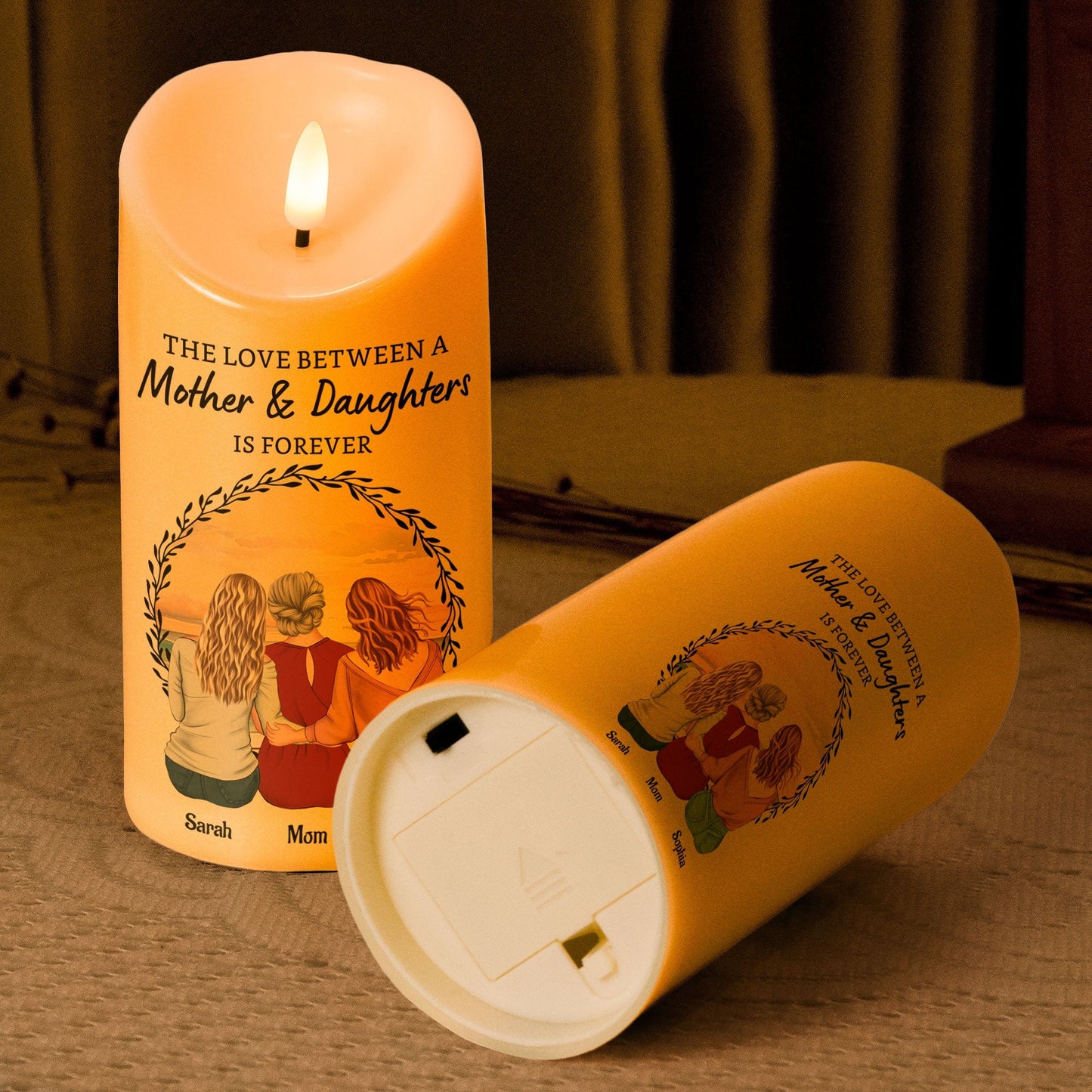 Love Is Forever - Custom Mother‑Daughters Glow Candle, Sunset Back‑View Illustration, Safe Wax‑Like Lamp Gift