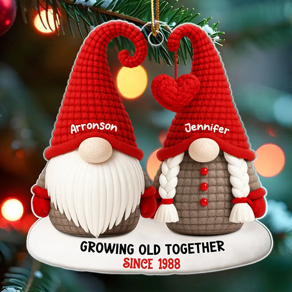Personalized Acrylic Ornament with Cute Gnome Couple and Heart - Christmas Tree Decor, Unique Gift for Couples