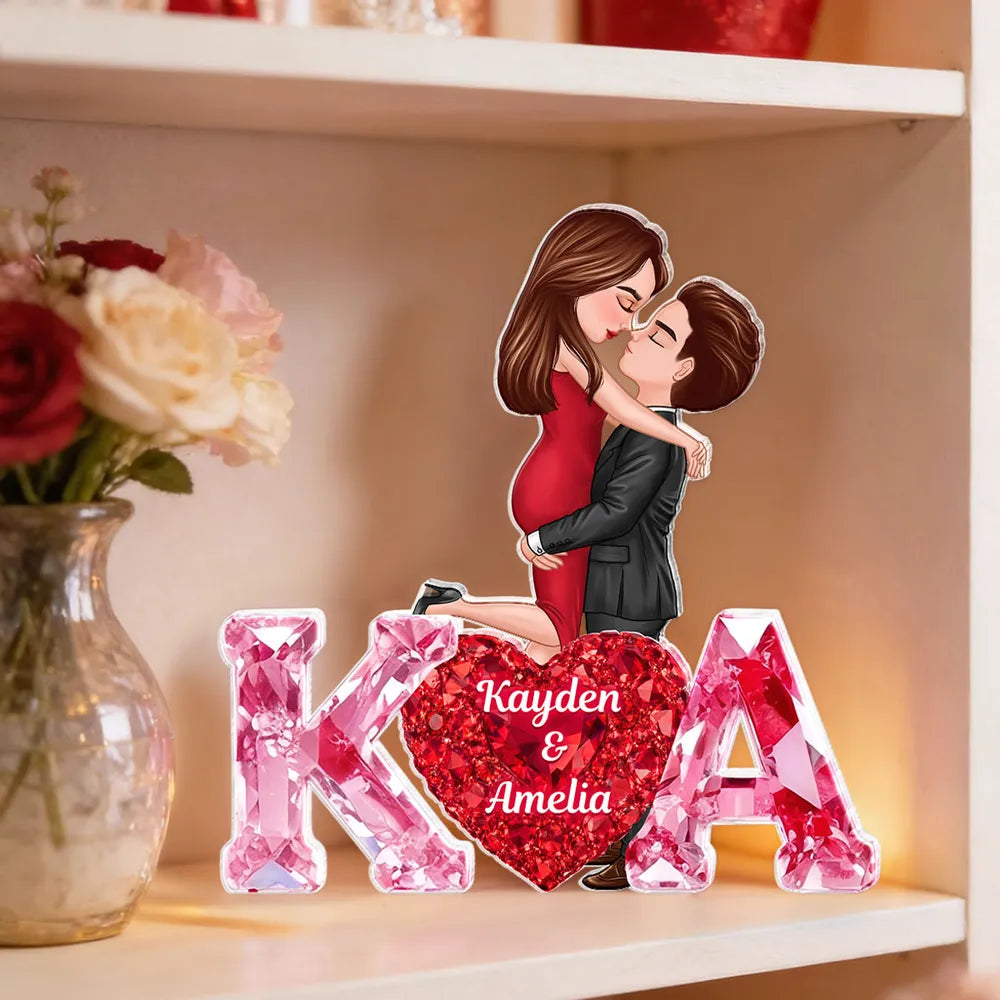Personalized Shaped Acrylic Block Plaque With Couple Kissing Above Heart Initials, Unique Romantic Gift for Her or Him
