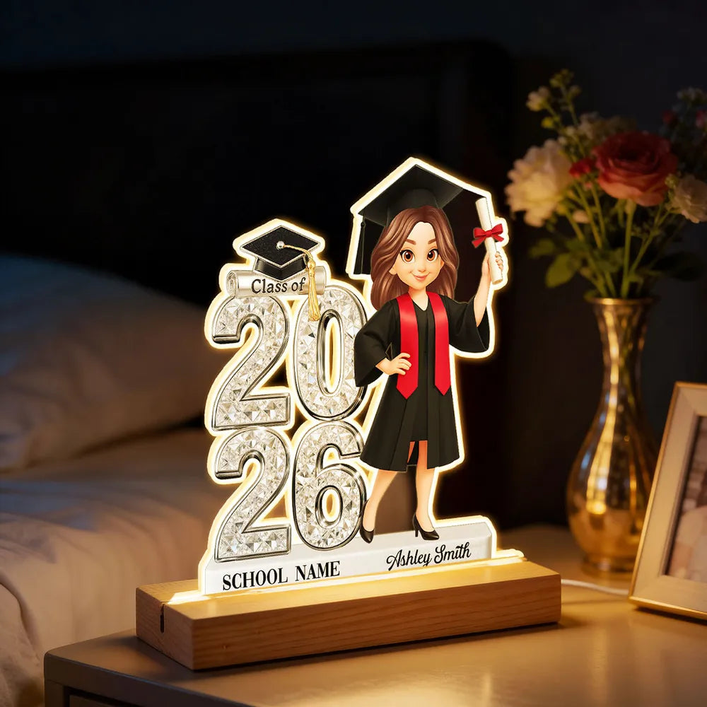 Personalized Block LED Light Plaque Graduation Night Light with Graduate Girl Holding Diploma, Warm Glow Unique Gift