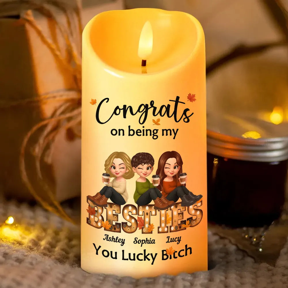 Flameless LED Candle with Besties Design, Cozy Autumn Ambience Light, Gift-Ready Keepsake for Friendship