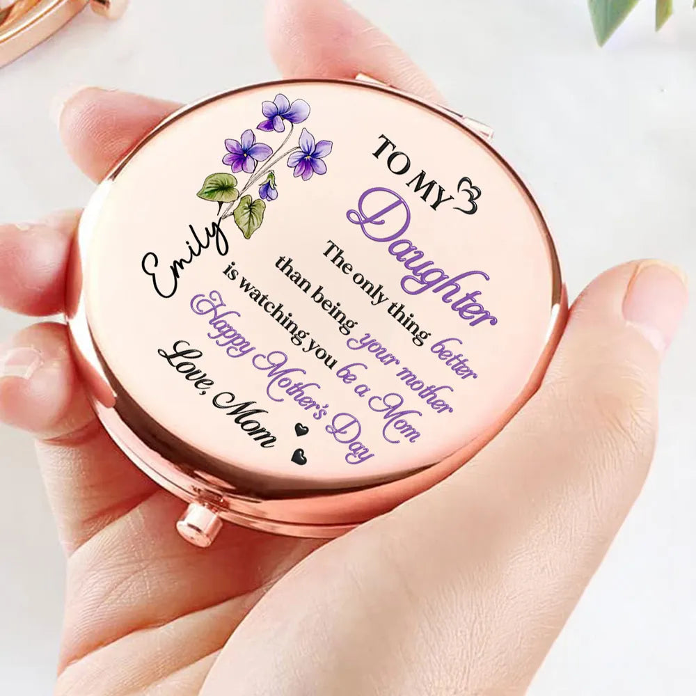 Personalized Metal Compact Mirror To My Daughter Mother's Day Quote, Purple Floral Keepsake, Unique Gift From Mom