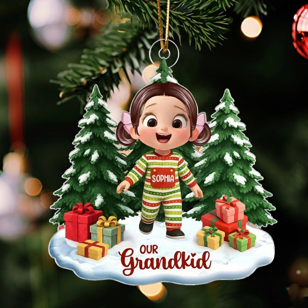 Personalized Acrylic Ornament with Cute Cartoon Grandkid, Festive Christmas Trees & Gifts, Unique Holiday Gift for Grandma & Grandpa