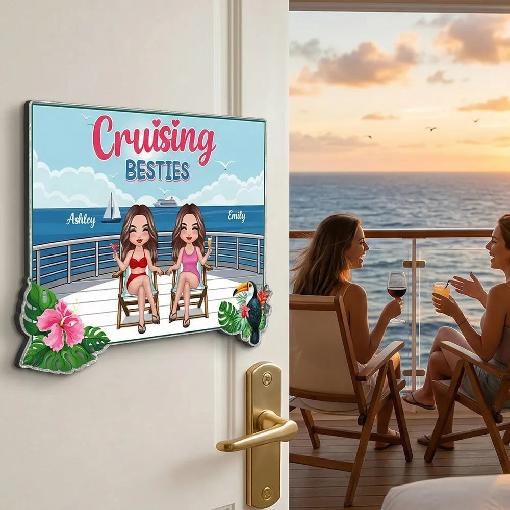Personalized Cruise Besties Acrylic Magnet for Cabin Door, Sitting Deck Ocean View, Unique Friendship Gift
