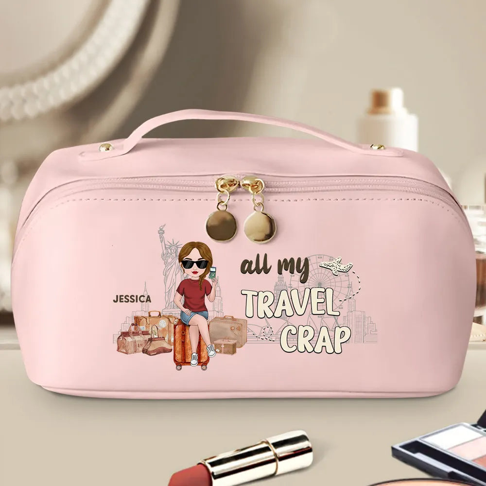 Personalized Leather Makeup Bag for Travel Lovers – Custom Cartoon Girl Design, Spacious Organizer, Unique Trendy Gift