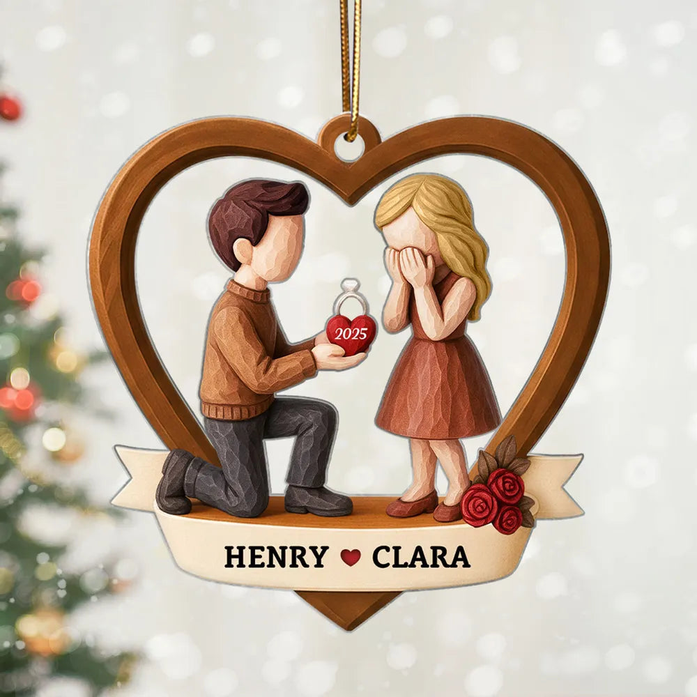 Personalized Couple Proposal Acrylic Ornament, Kneeling Engagement Moment in Heart Frame, Unique Romantic Gift