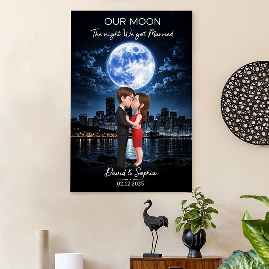 Our Moon Romantic Poster with Kissing Couple by the City Skyline, Personalized Keepsake Wall Art, Unique Wedding Gift
