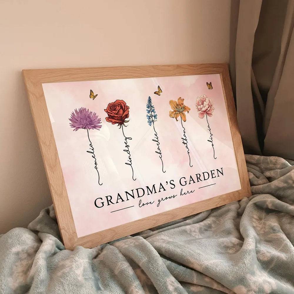 Grandma's Garden Love Grows Here Beautiful Birth Month Flower Gift For Grandma Mom Personalized Poster or Canvas, Keychain, Plaque, Wallet Card, Pillow