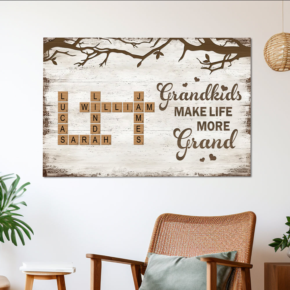 Personalized Family Poster – Grandkids Make Life More Grand – Custom Scrabble-Inspired Poster with Family Names