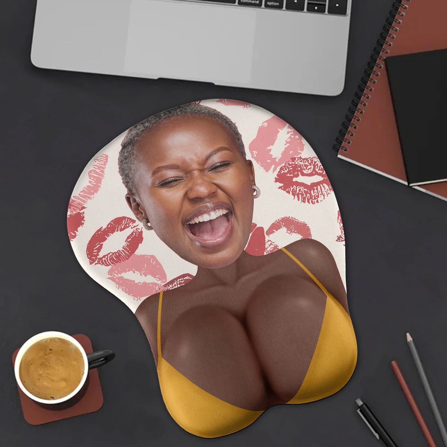 Personalized Face Lycra Mouse Pad for Couple or Coworker Prank Gift, Bold Kiss Print Design, Unique Naughty Desk Laugh