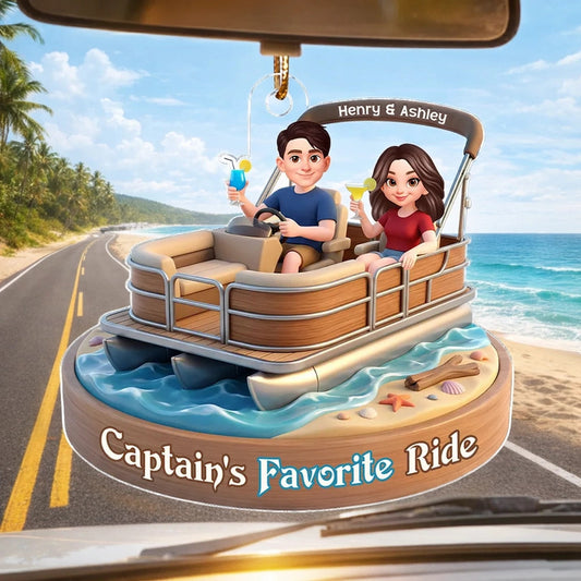 Acrylic Car Hanger Personalized Captain's Favorite Ride with Smiling Boat Couple, Cute Car Mirror Decor Gift for Couples