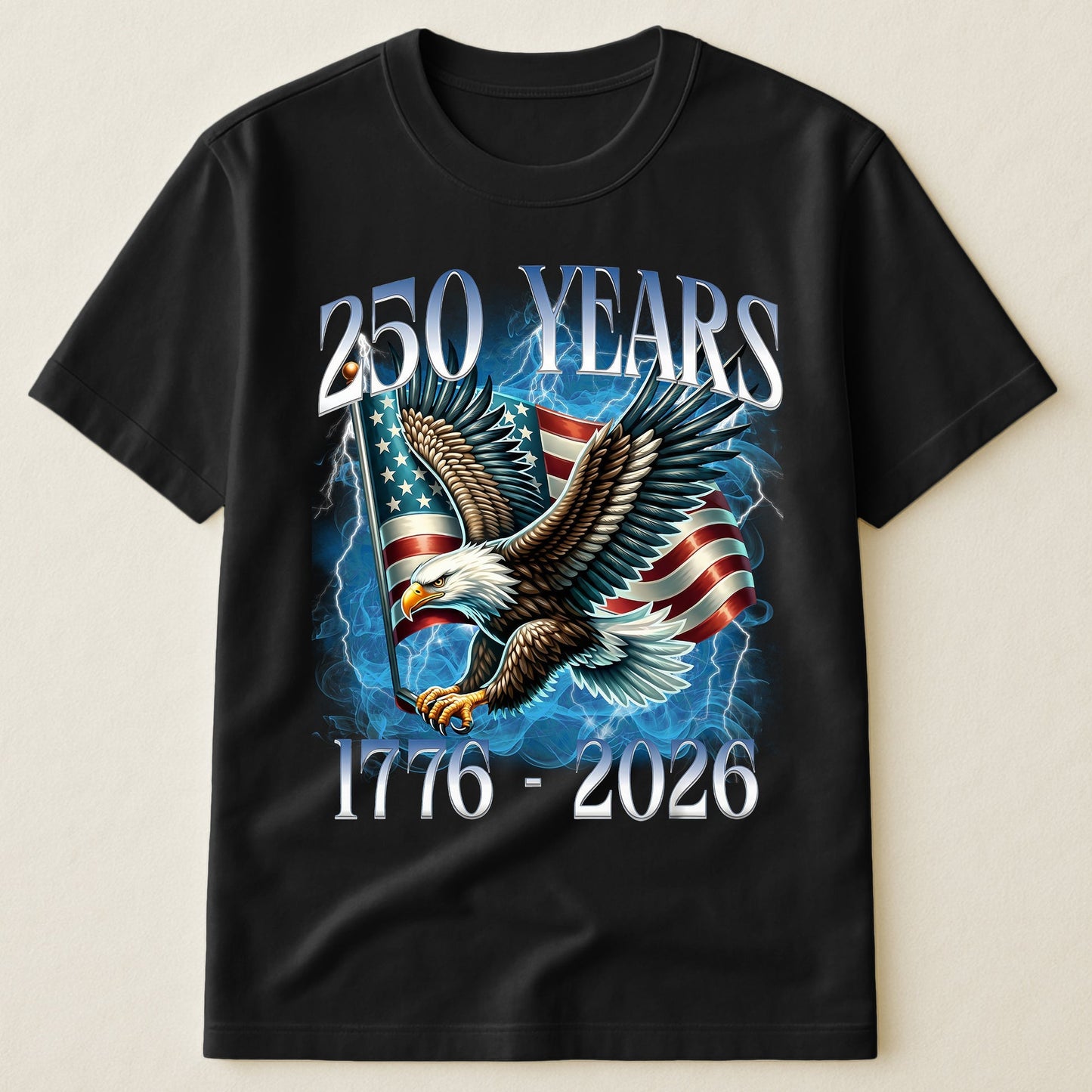 250 Years Patriotic Eagle Over American Flag Classic Tee, Bold Lightning Art, Unique Creative Gift for Proud Americans