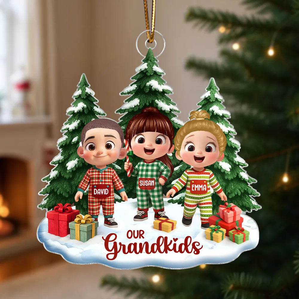 Personalized Acrylic Ornament with Cute Cartoon Grandkid, Festive Christmas Trees & Gifts, Unique Holiday Gift for Grandma & Grandpa