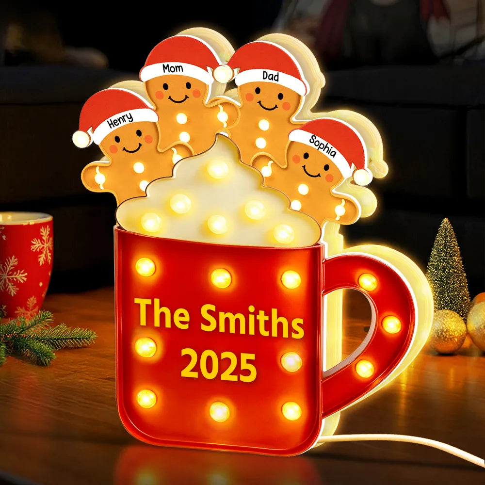 Acrylic Light Box Gingerbread Mug with Santa Hats, Cozy Christmas Glow, Custom Design, Unique Family Gift