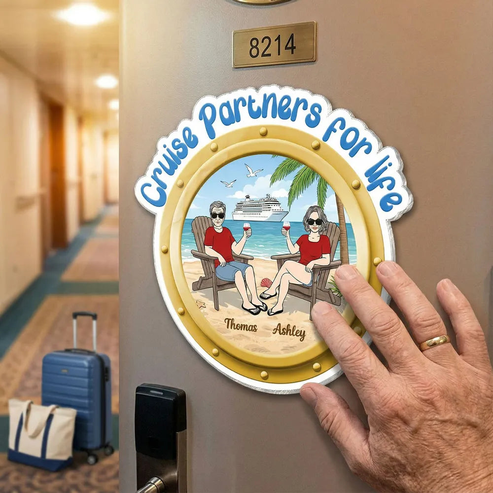Personalized Cruise Partners For Life Acrylic Magnet, Beach Couple Toasting Porthole Design, Unique Gift for Couples